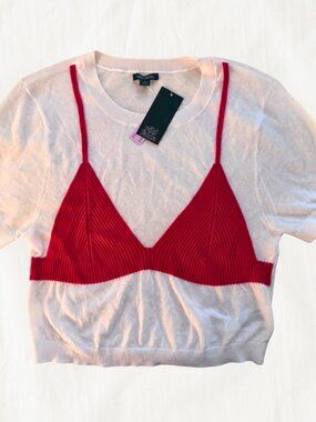 Wild Fable Brand: Layered White Soft Knit Top with Red Bralette Detail